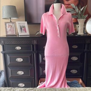 Pink Ribbed Polo Collar Maxi Dress